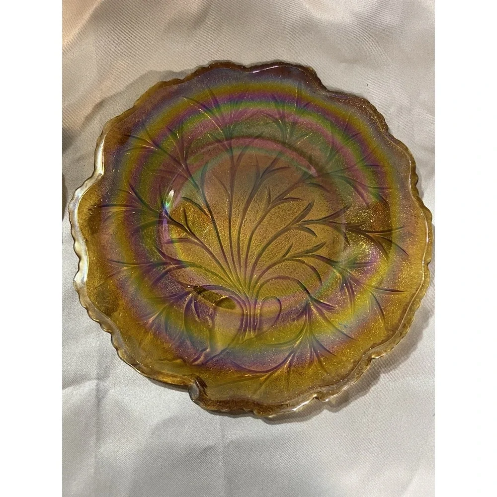 2- VTG Indiana Glass Iridescent Marigold Branch Carnival Glass Plate 10